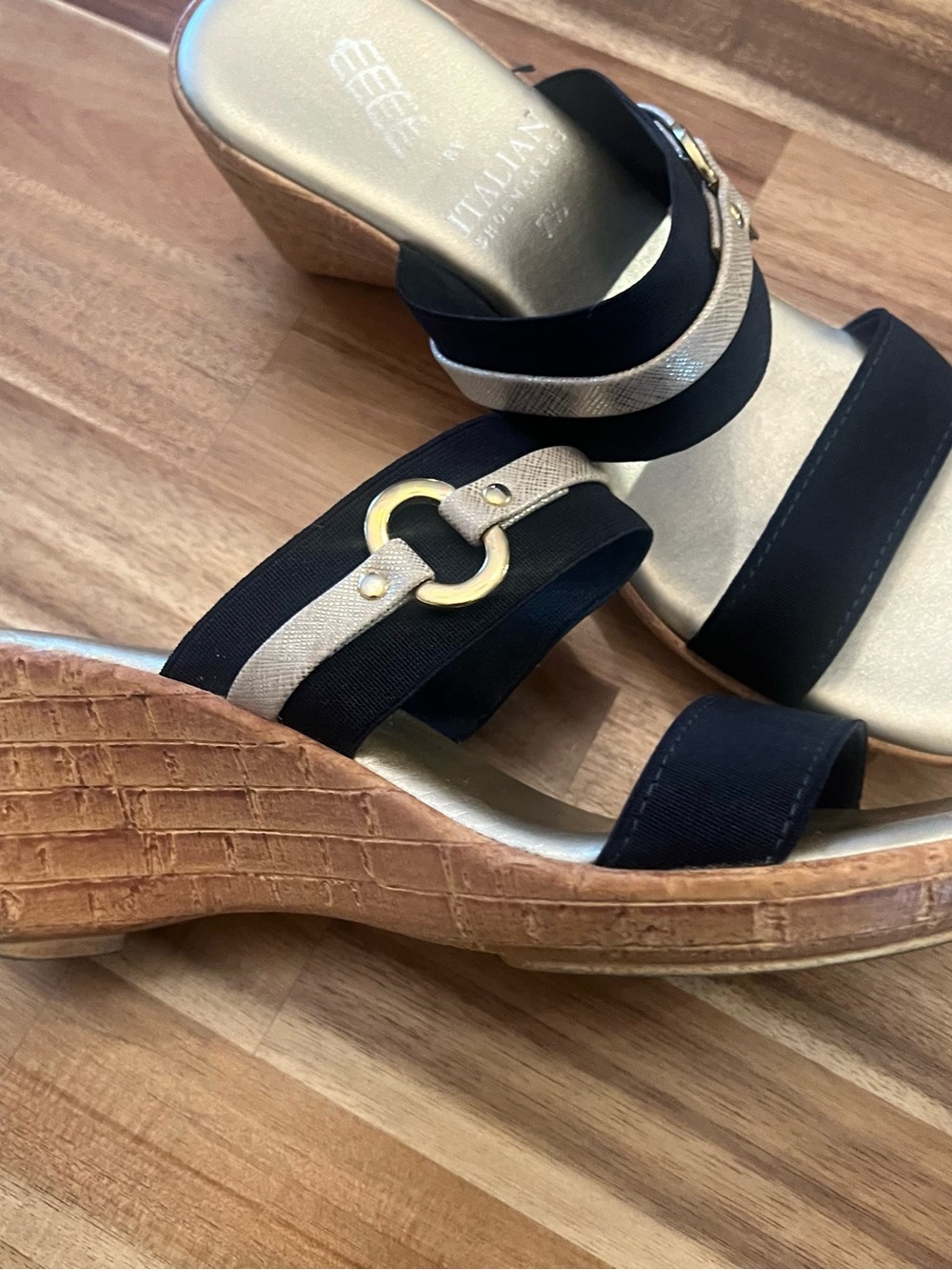 Italian Shoemakers Navy and Gold Slip-On Wedge Mules - Picture 4 of 7